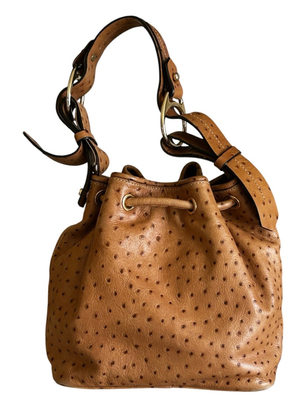 Dooney & Bourke Tan Ostrich-Embossed Drawstring Bucket Bag - Picture 3 of 17